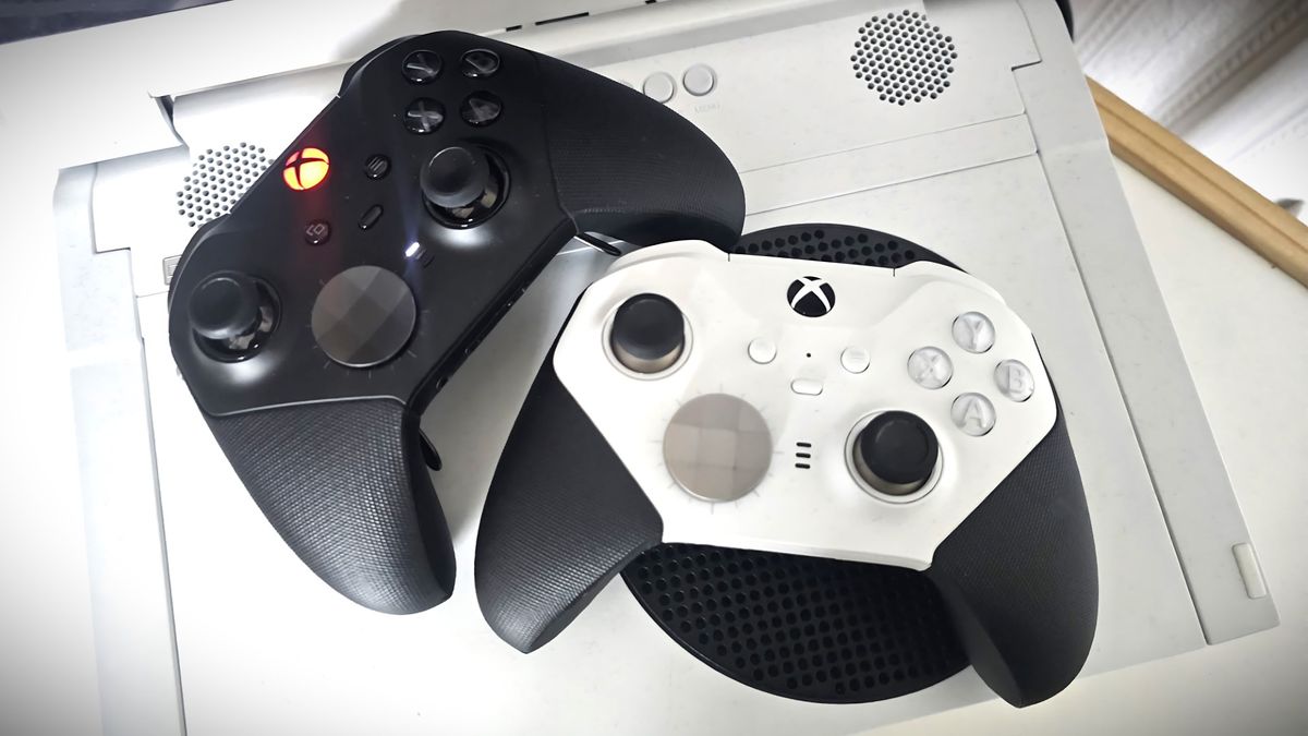 Xbox Elite controller Series 2 and Series 2 core sat on an Xbox Series S