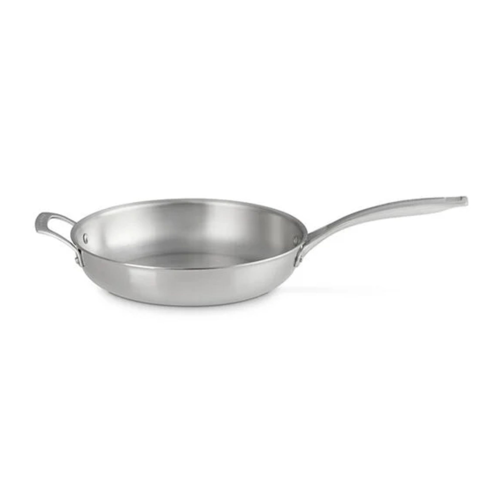 A stainless steel frying pan with a carry handle