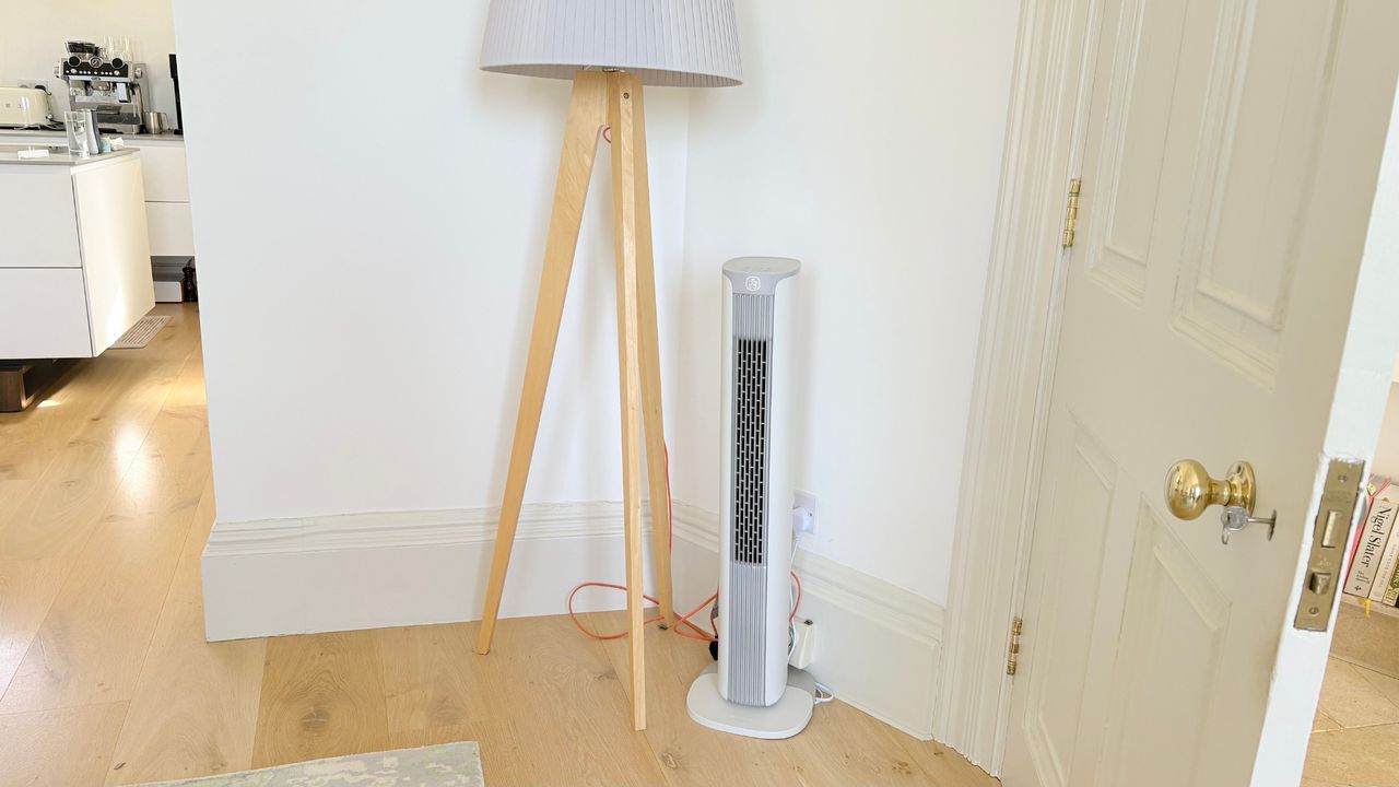 Meaco Sefte Fan in the home, stood by a light
