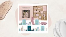 Image of the Champneys 24 Days of Spa Glow Advent Calendar with a beige background with pink circle, scrub and white cream swatches
