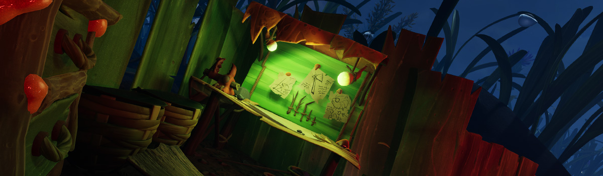 The Workbench in Grounded 2 - it's slightly lit up at night time and surrounded by grass walls.