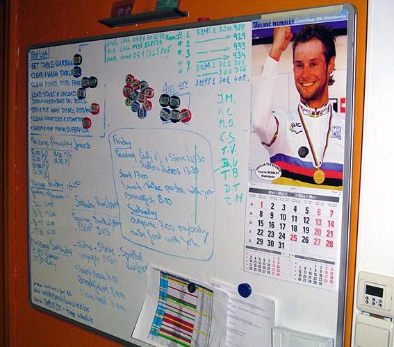 The idol of many riders, Tom Boonen, accompanies the list of chores for each day