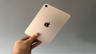 Image shows a hand holding the iPad Mini, shown from the back.