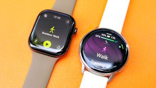 Close-up of the Apple Watch Series 12 next to the Garmin Venu 4
