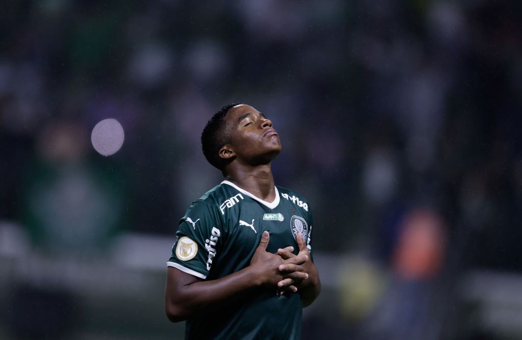 Endrick of Palmeiras celebrates after scoring the fourth goal of his team during a match between Palmeiras and Fortaleza as part of Brasileirao Series A 2022 at Allianz Parque on November 02, 2022 in Sao Paulo, Brazil.