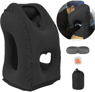 A black Kimiandy inflatable travel pillow with holes for your arms and head