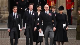 Edoardo Mapelli Mozzi, Jack Brooksbank, Lady Louise Windsor, Mike Tindall, James, Viscount Severn and Zara Tindall during the State Funeral of Queen Elizabeth II
