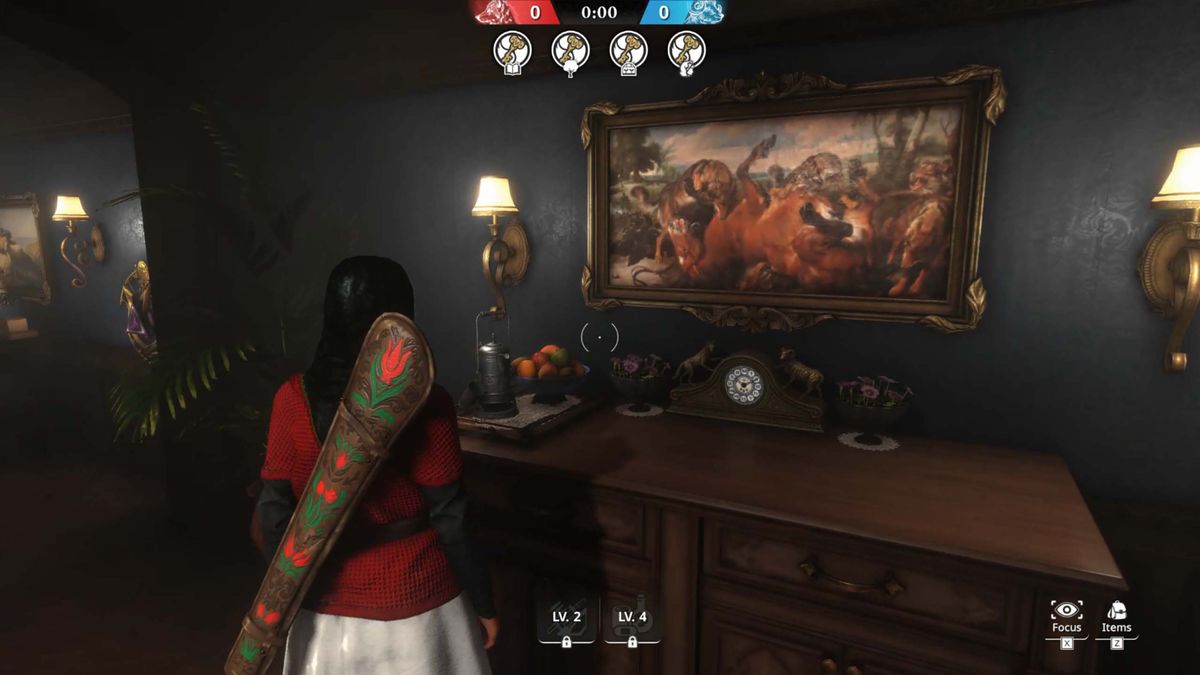 A screenshot from Killer Inn depicting a character looking at a painting showing wolves killing a horse.