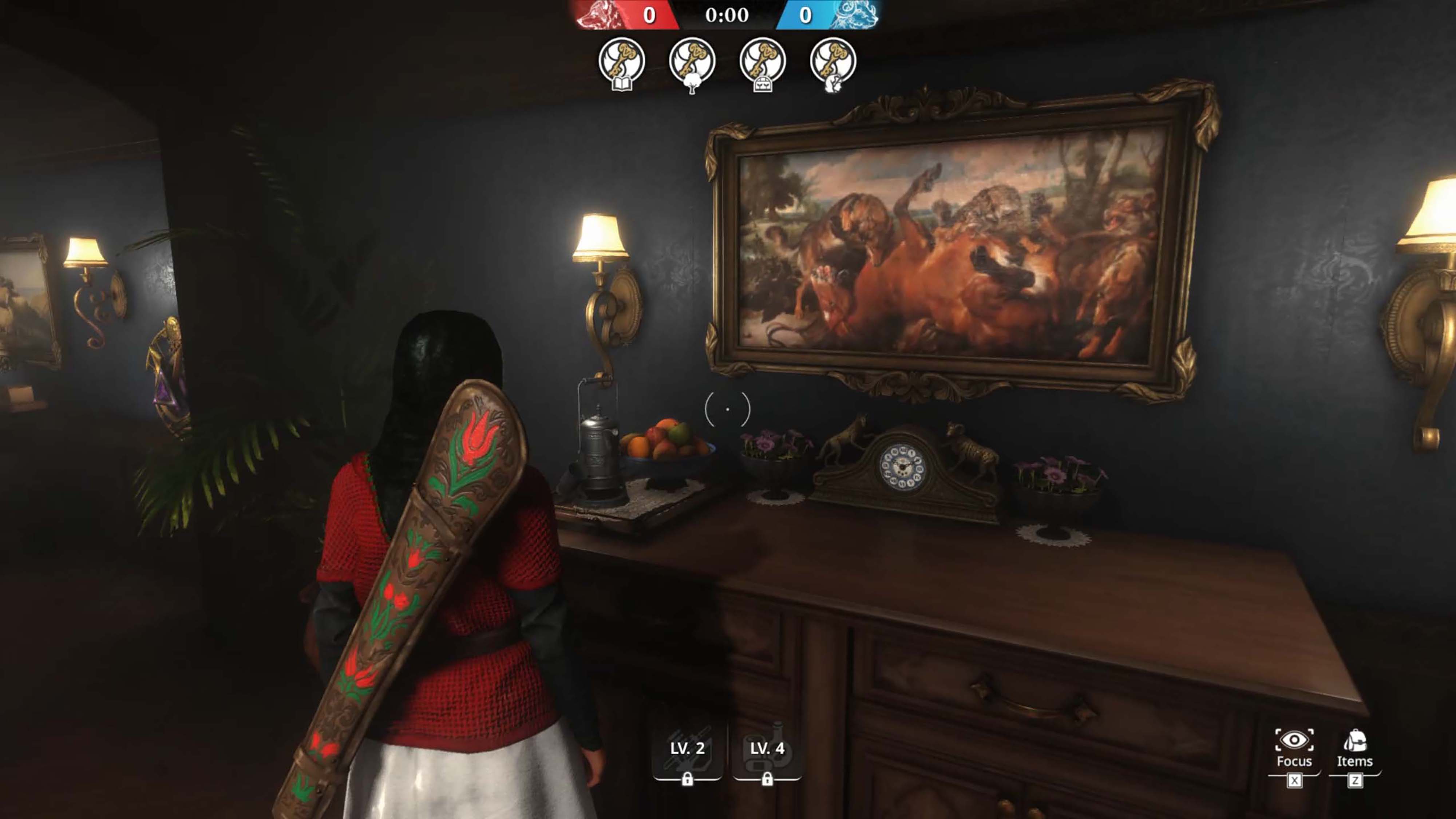A screenshot from Killer Inn depicting a character looking at a painting showing wolves killing a horse.