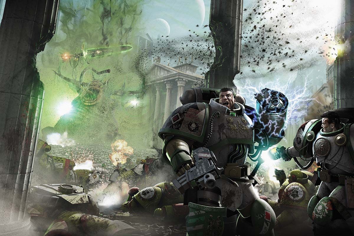 Garro and the Death Guard fight a Great Unclean One on the cover of Flight of the Eisenstein