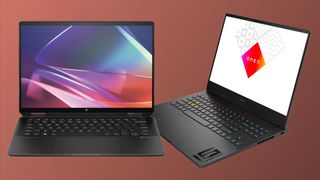 New 2024 HP Spectre x360 and Omen Transcend 14 laptops against a colored background