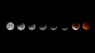 Lunar eclipses don't require any specialist equipment to view. Here a series of moon phase images arranged in a horizontal line show the progression of a lunar eclipse.