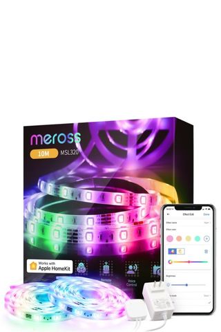 Meross Smart Wi-Fi LED Light Strip, packaging, and app on a white background.