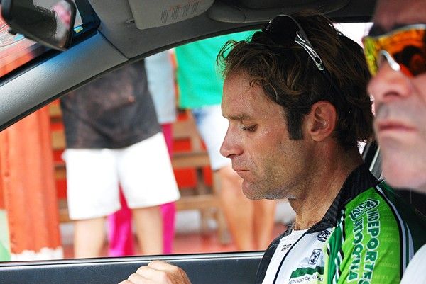 Santiago Botero in the team car after quitting the race on stage 11.