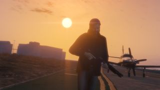 GTA 5 mods - a man carrying a gun is standing in front of a sunset