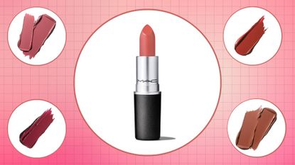 collage image of five of the most popular MAC lipstick shades in circle templates on a pink ombré background