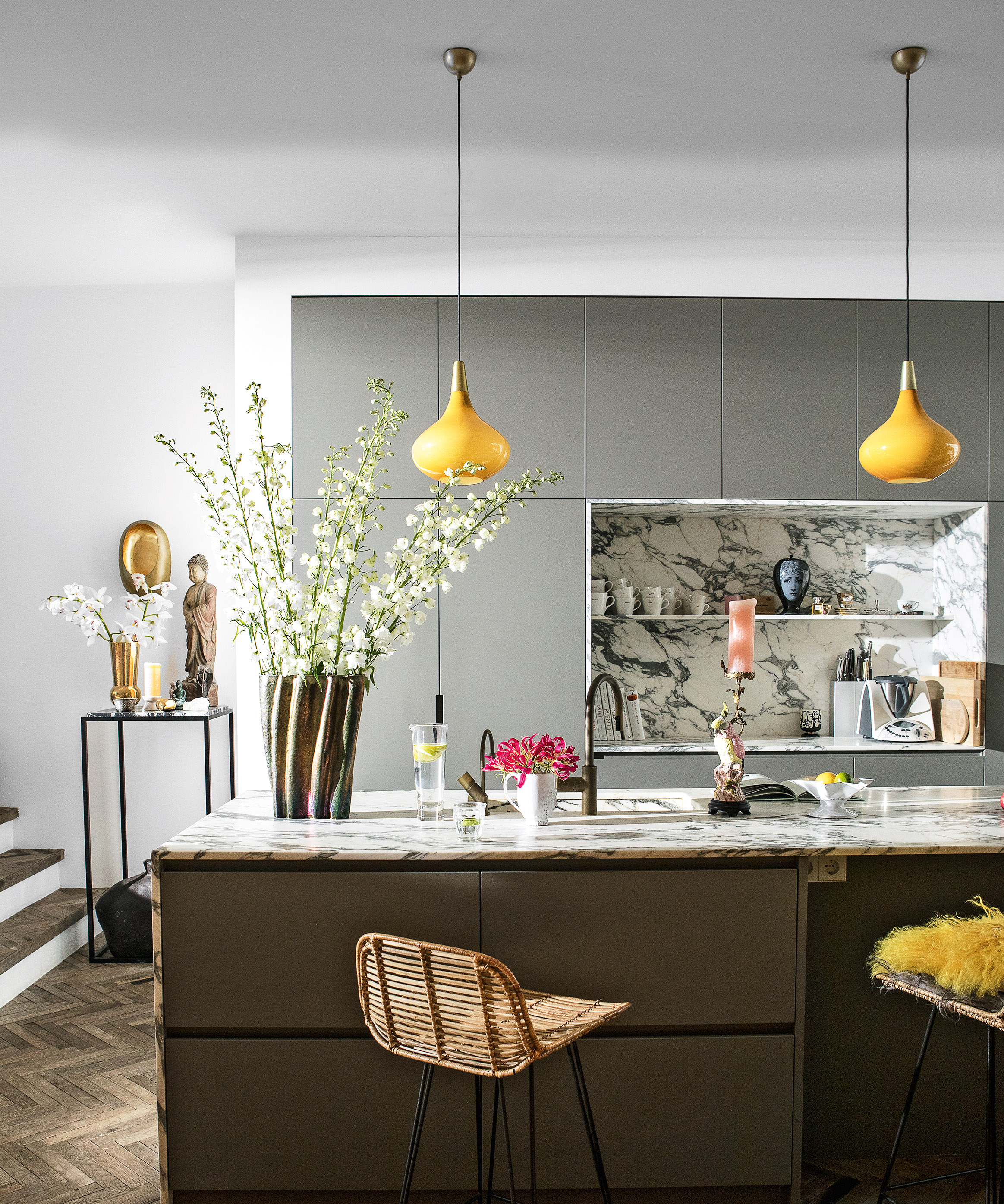 Pendant light hanging over a kitchen island