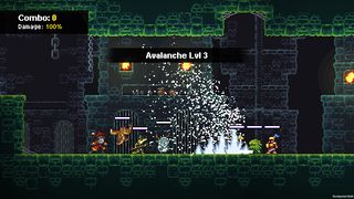 Monster Sanctuary - a monster on the player's team uses a skill "Avalanche lvl 3" to raise ice spikes on the opposing monsters in a side-on pixelated world view.