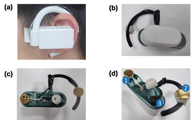 A figure from the article &quot;Development of a New Around-the-Ear Electroencephalography Device for Passive Brain&amp;ndash;Computer Interface Applications&quot; by Kim et. al showing four different over-ear prototypes for brainwave readings, all similar in size to a large earbud with a hook over the ear.