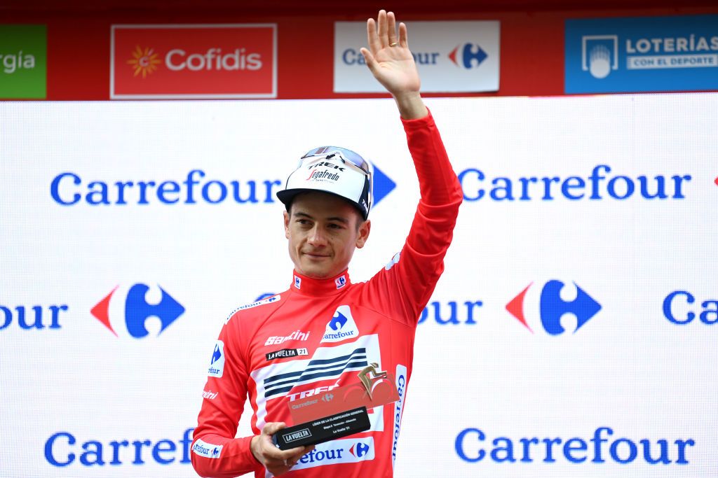 Kenny Elissonde (Trek-Segafredo) in the leader&#039;s jersey at the Vuelta a Espana