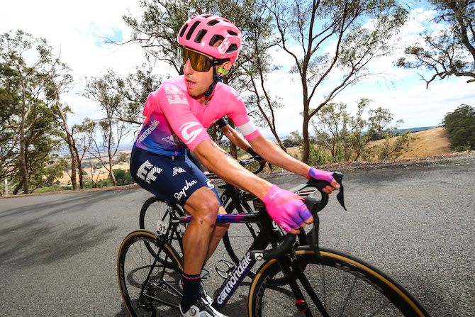 Michael Woods checks over his shoulder before going on the attack on the final climb