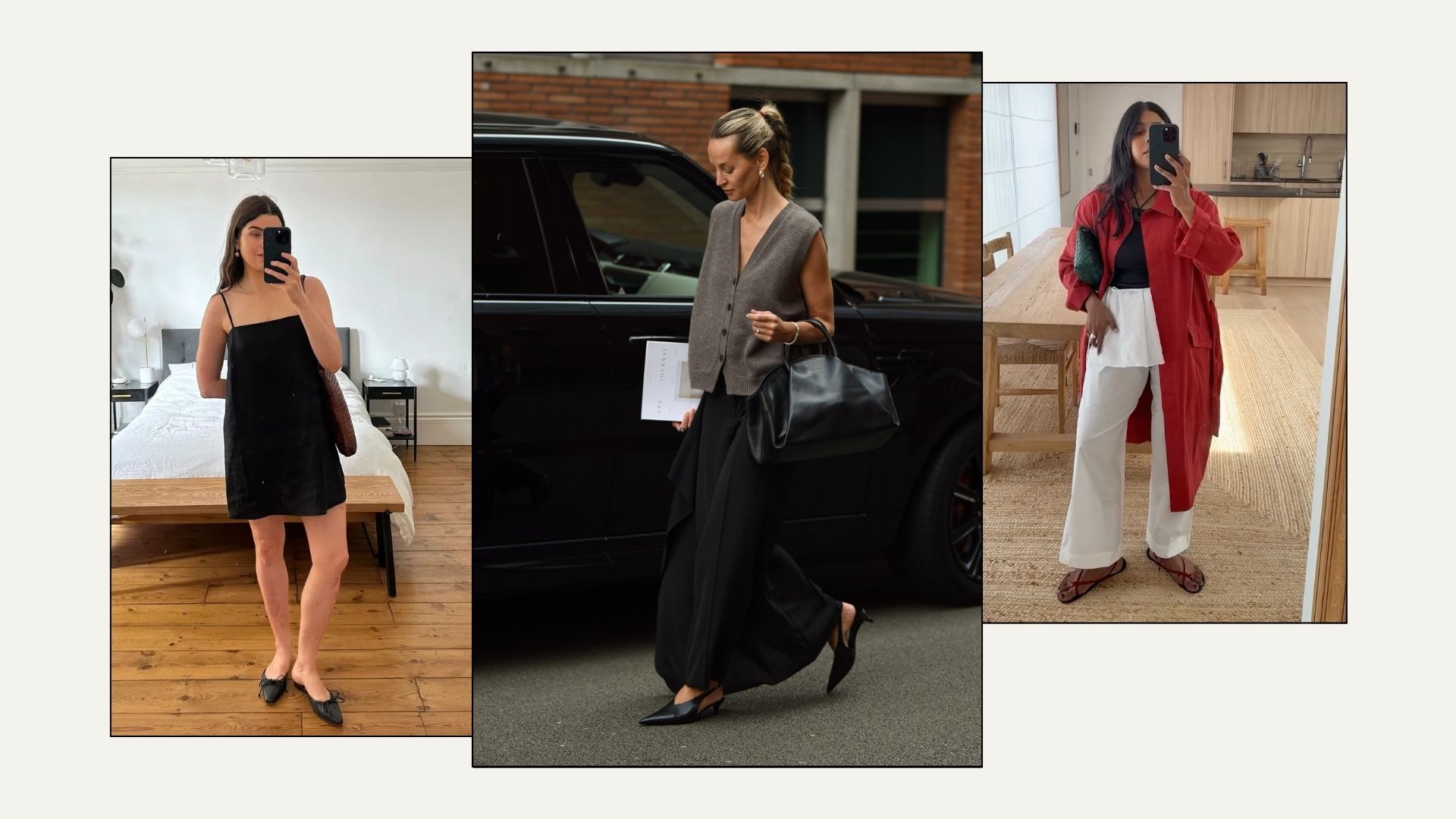 Woman wears dress from reformation and black mules; woman wears knit waistcoat, black skirt and slingback heels; woman wears red trench coat, white blouse, white trousers and sandals
