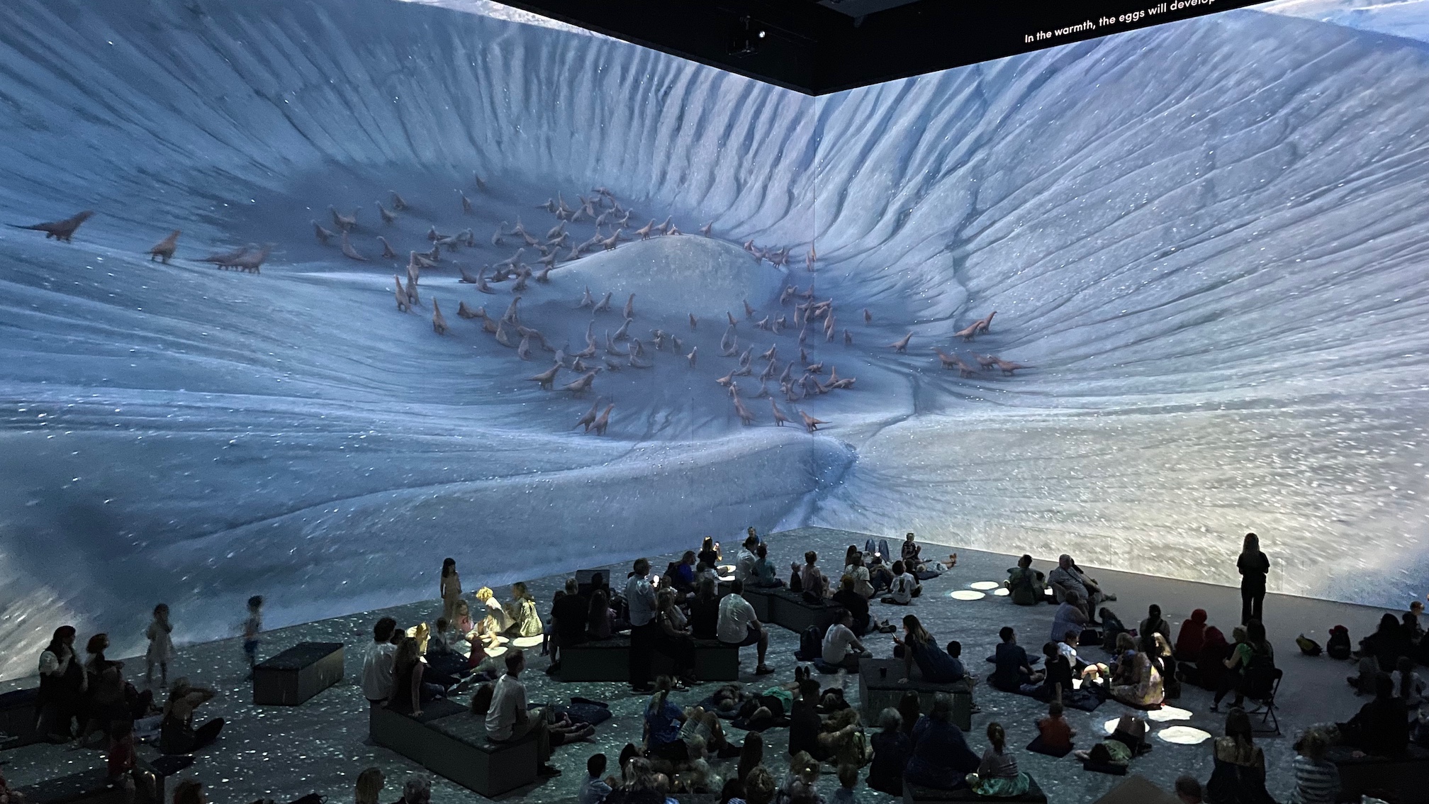 A vast crater featuring dinosaurs seen from a distance projected across two walls at Lightroom, Kings Cross.