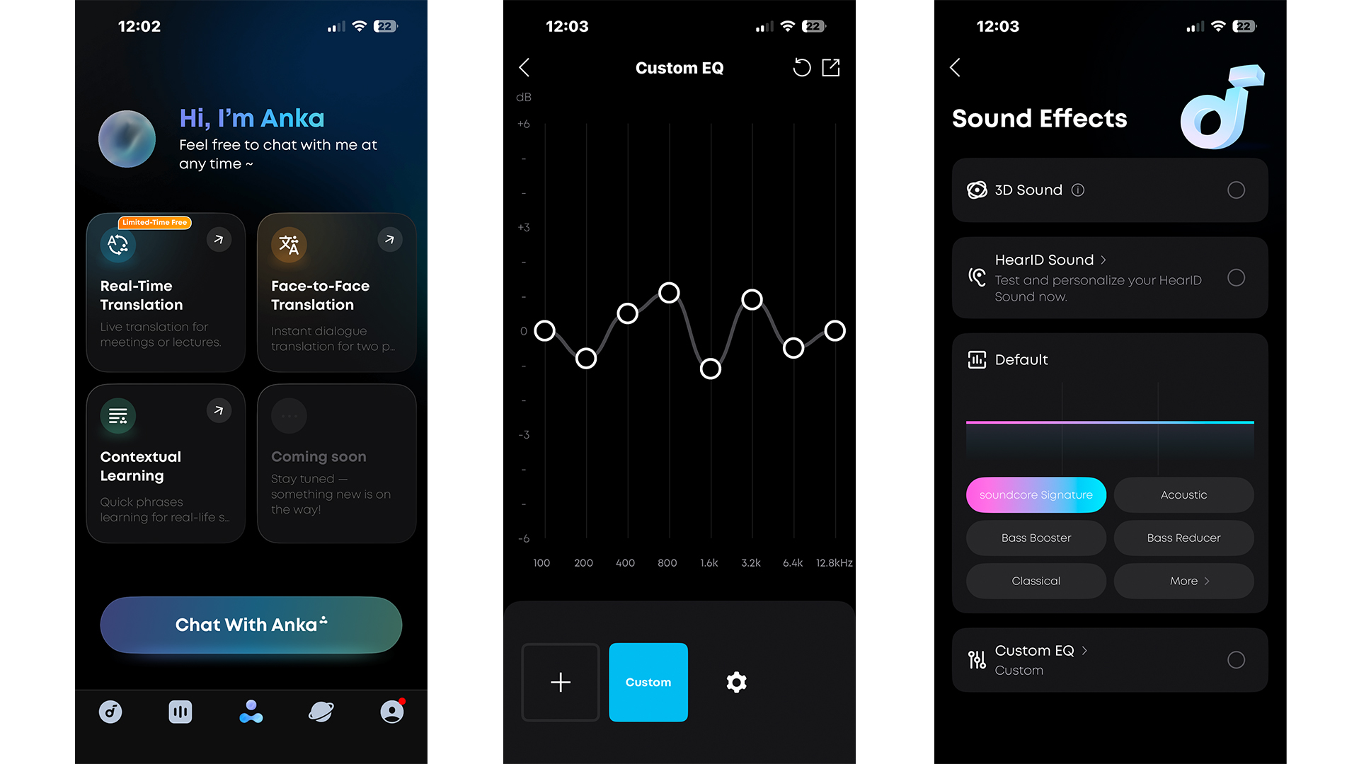 Soundcore Space 2 wireless headphones app on three smartphone screens