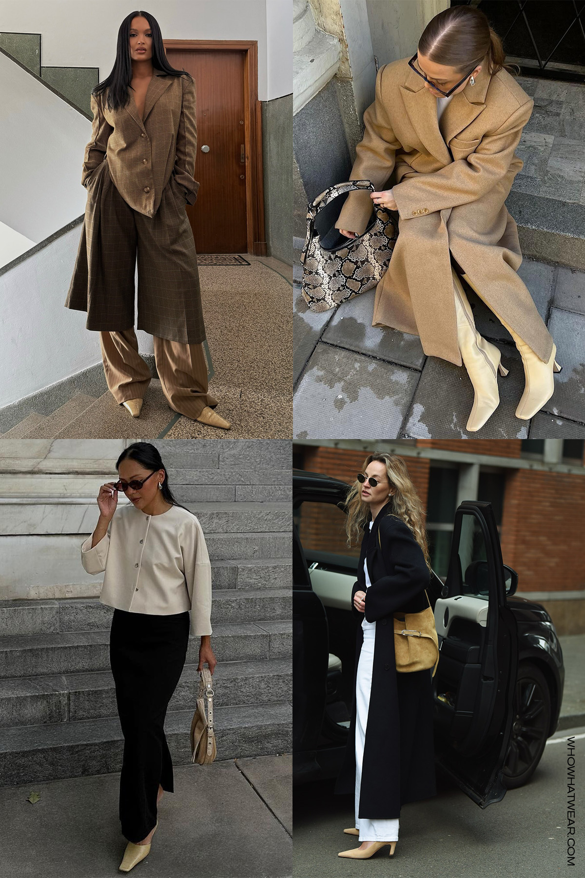 shoe color trends for fall 2025, specifically buttercream, in a collage of women&#039;s outfits. On the top right, a woman wearing a tan blazer with brown tailored shorts layered over tan trousers styled with butter-brown pointed heels. On the top right, a woman is wearing a long camel coat with a white t-shirt and skirt, with buttercream knee-high boots. On the bottom left, a woman is wearing a long black coat over a white t-shirt with white jeans and buttercream suede heels. On the bottom left, a woman is wearing a camel coat with black trousers and pointed buttercream heels.