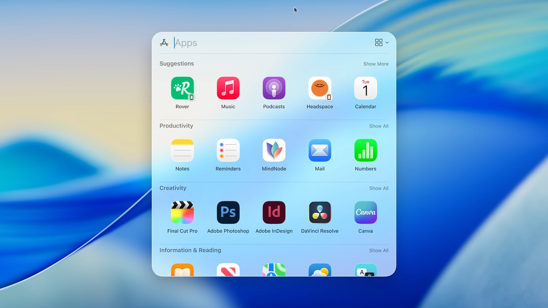 The apps section of the redesigned Spotlight in macOS 26 being demonstrated at Apple&#039;s Worldwide Developers Conference (WWDC) in June 2025.