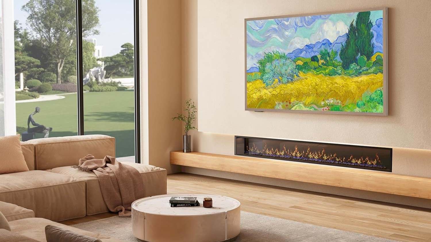 A wall-mounted Hisense 55&quot; 55S7NQTUK Canvas TV displays a painting in a brightly lit, modern living room with a long electric fireplace, light-colored furniture, and large windows looking out onto a manicured garden.