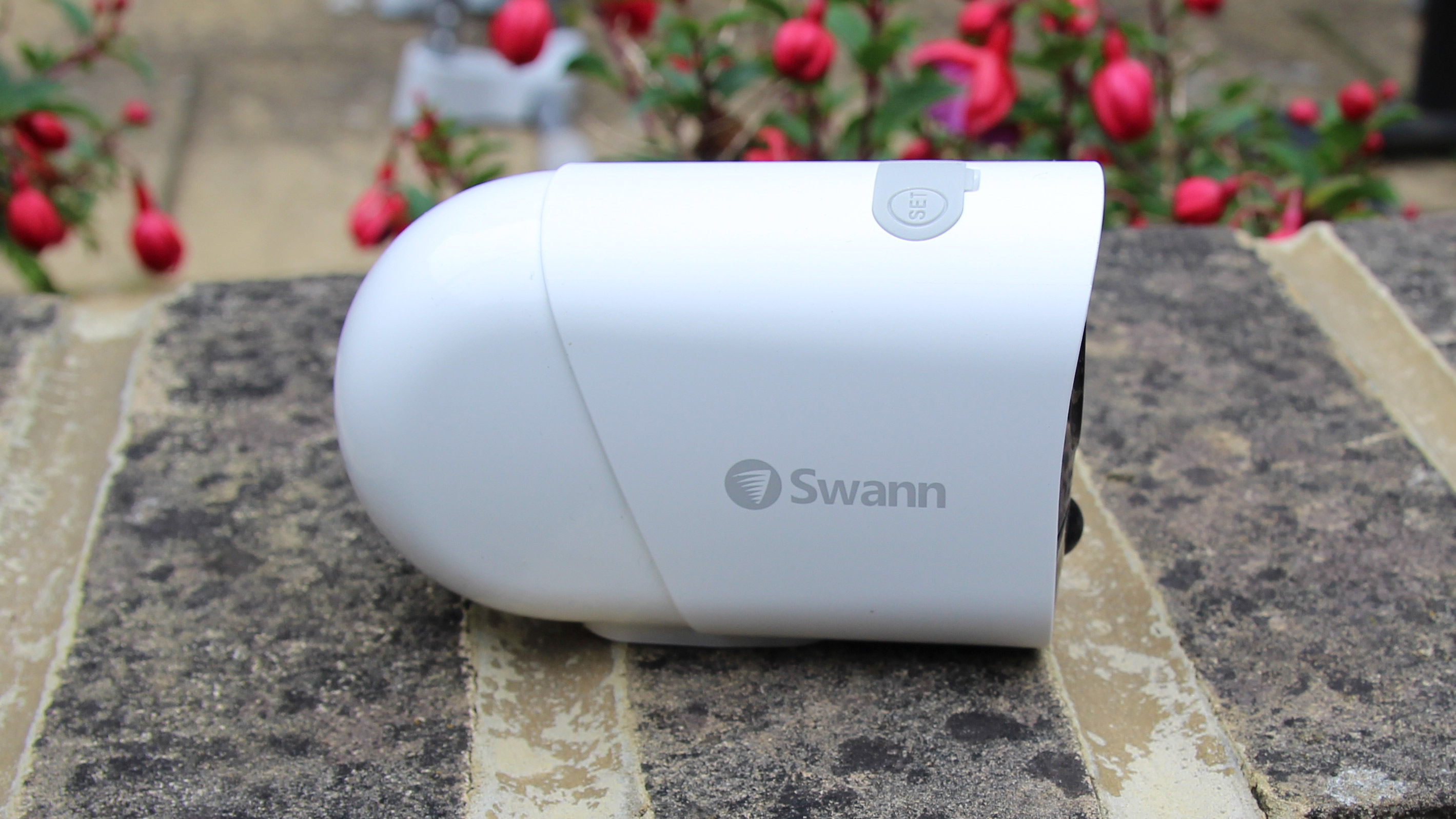 The side of the Swann Xtreem security camera resting on a wall