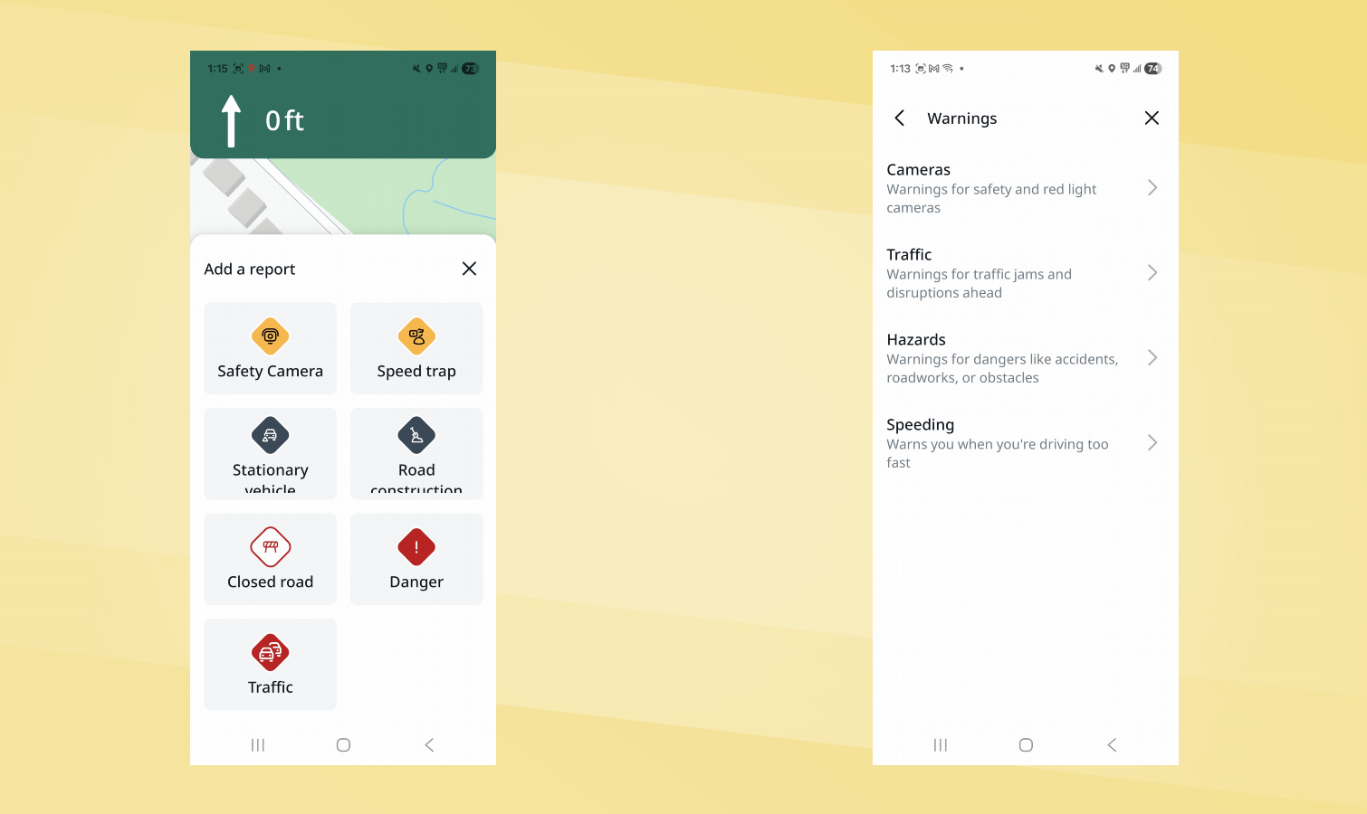 TomTom app screen shots showing alerts.