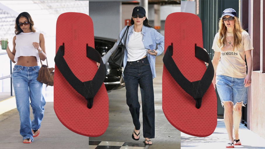 a collage of celebrities wearing The Row Dune sandals in Los Angeles and New York City