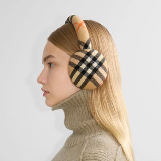 model in Burberry Check Wool Earmuffs