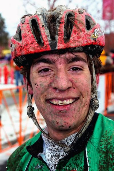 A mud-splattered Skyler Trujillo (Black Sheep) after his bronze medal ride.