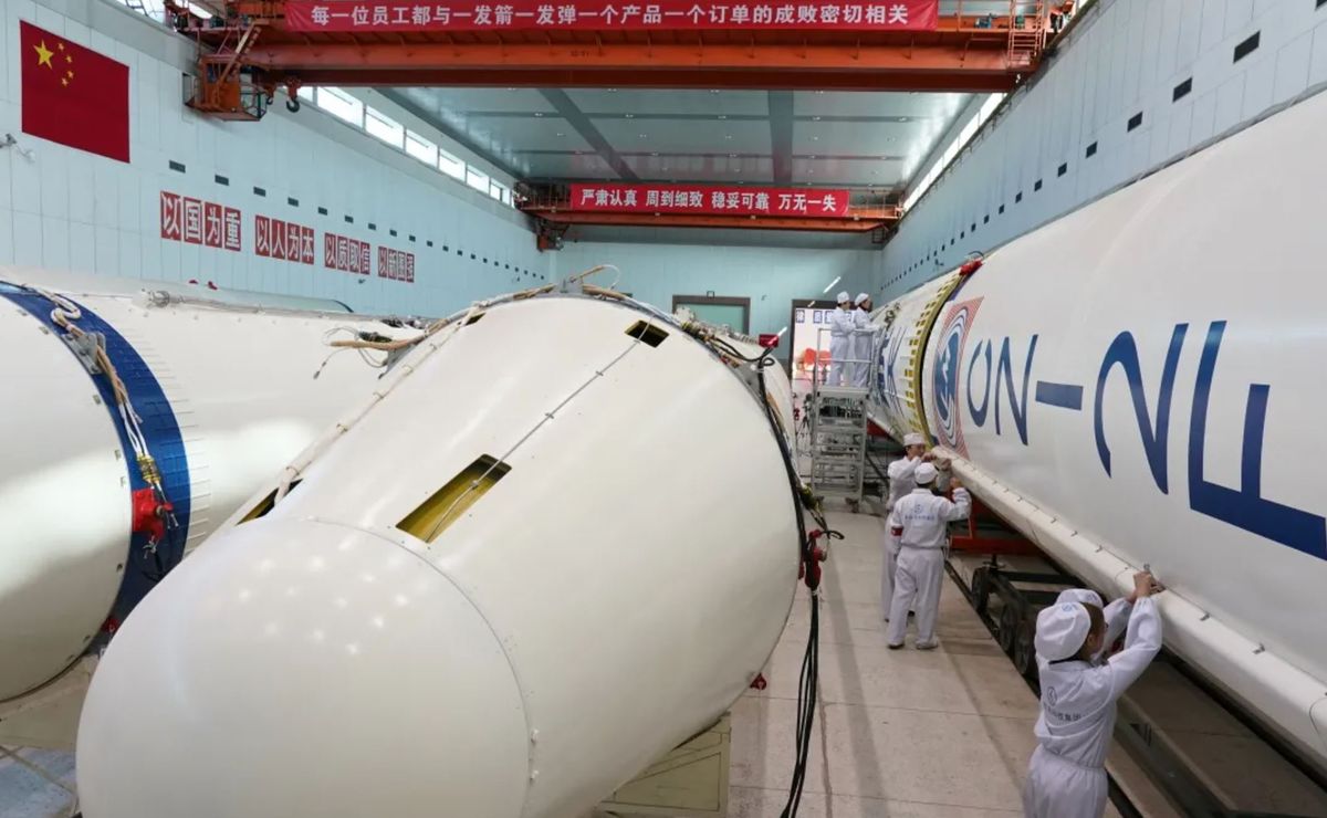 A Long March 2F rocket undergoes testing in the factory in Beijing, in January 2021.