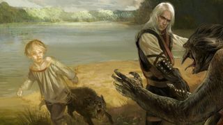 Artwork from the original Witcher showing Geralt defending a boy from a monster.