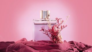 A clear perfume bottle with a gold cap, nestled among pink fabric and dried flowers, against a soft pink background