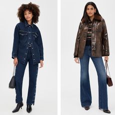 one model wears all double denim studded outfit in a dark wash with black boots and a black handbag, the next model wears a brown faux leather jacket with a faux fur collar flared jeans, and a handbag, and the last model wears a long sleeve black dress and snake skin boots 