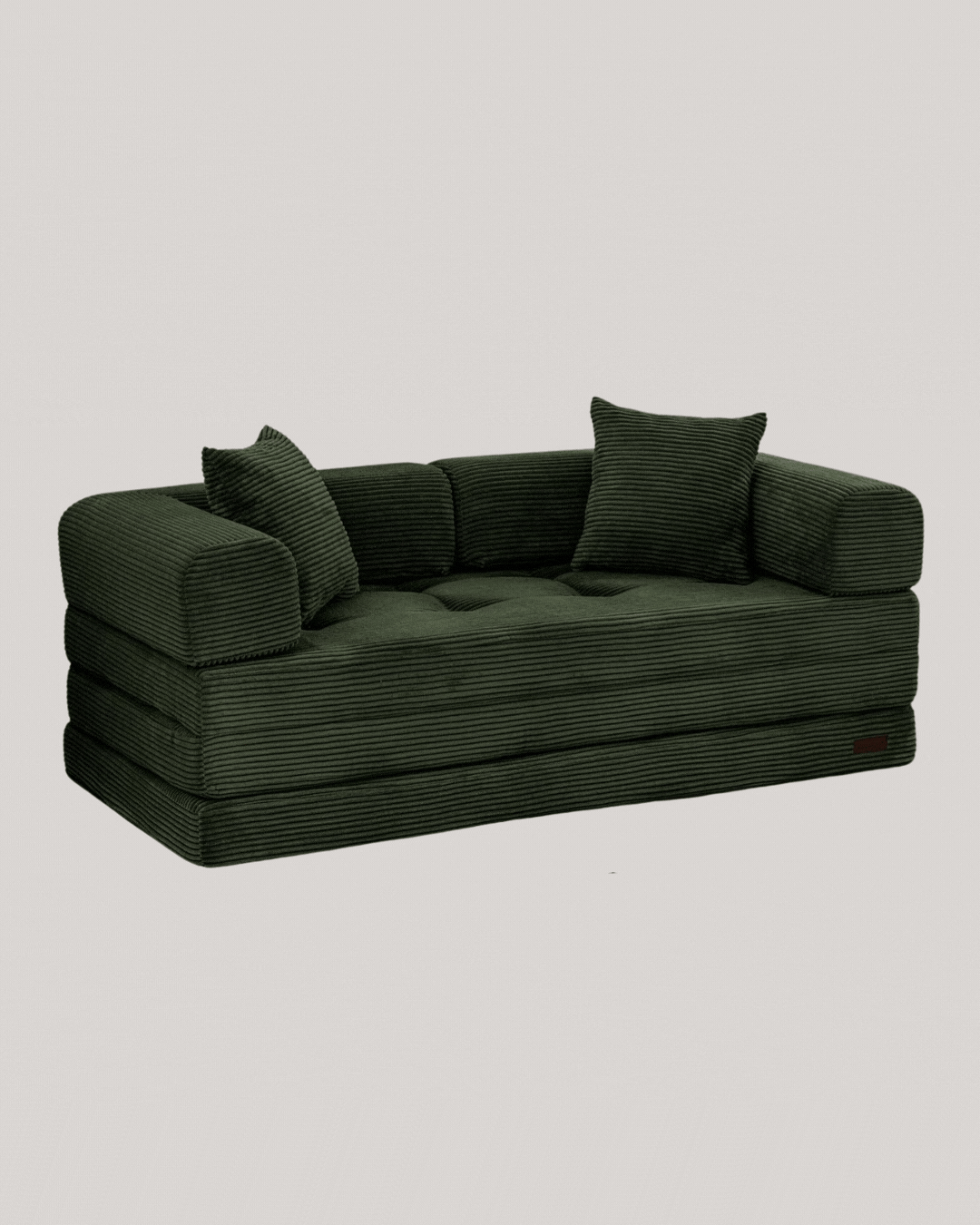Convertible Sofa Bed, Floor Sofa Couch With L-Shaped Backrest in a rotating gif, placed open and closed against a pale gray background.