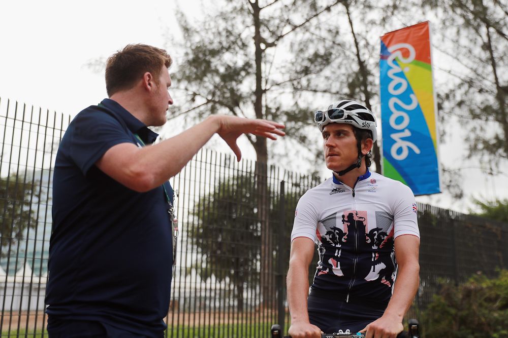 Geraint Thomas (r) of Team GB and Great Britain chats to Rod Ellingworth during a Team GB training ride on August 3, 2016 in Rio de Janeiro