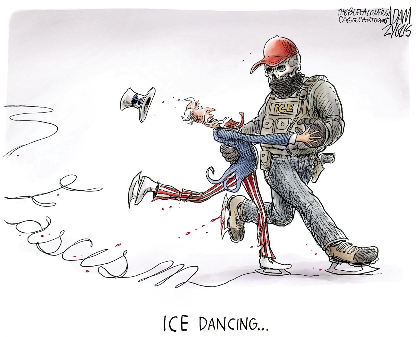 This cartoon is titled ICE Dancing. Uncle Sam loses his hat and looks scared as he skates with a masked ICE Officer that resembles a skeleton. Their tracks in the ice spell out &amp;ldquo;Fascism.&amp;rdquo;