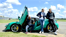 Chris Harris, Paddy McGuinness and Freddie Flintoff on the Top Gear test track in Dunsfold Park