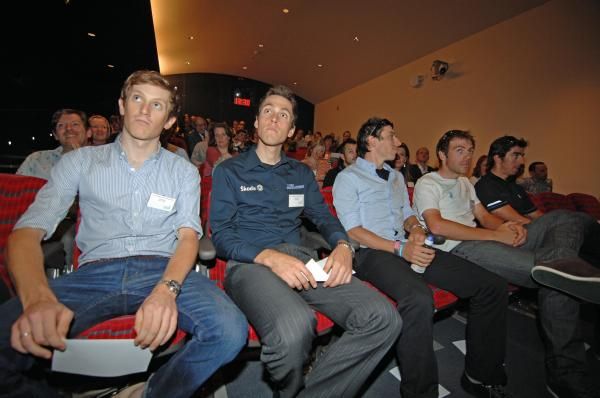The riders in attendance watch as the route is laid out. Left to right: James Moss (Endura); James Sparling (Raleigh); Dean Downing (Rapha Condor Sharp); Alex Dowsett (Team Sky); Russell Downing (Team Sky).