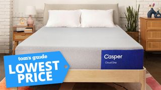 The Casper Cloud One mattress in a box on a wooden bed frame in a bedroom, a Tom's Guide Lowest Price deals graphic in the lower left corner