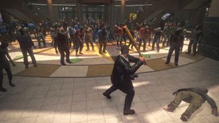 Dead Rising Deluxe Remaster protagonist Frank West fighting tens of zombies with a baseball bat