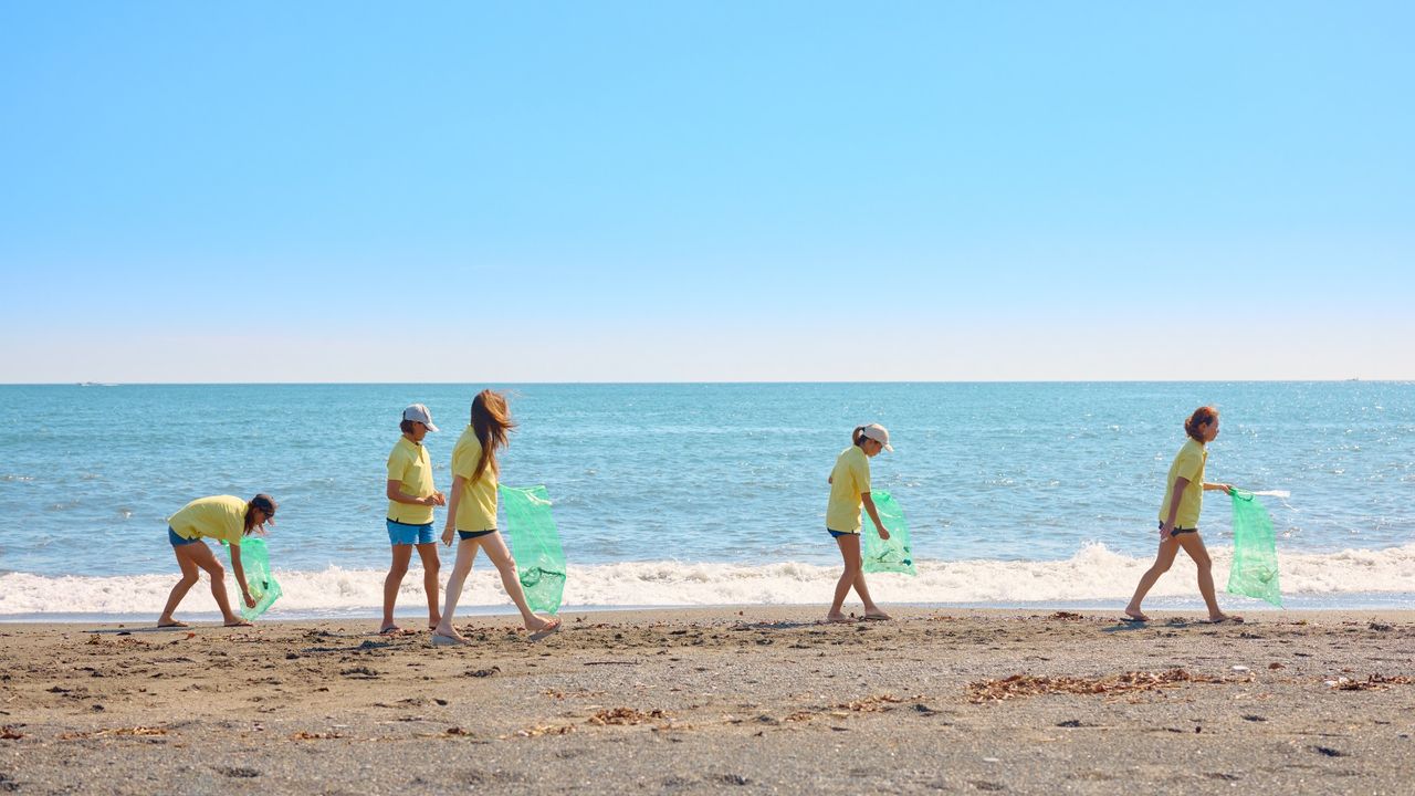 People pick up litter on a sandy beach