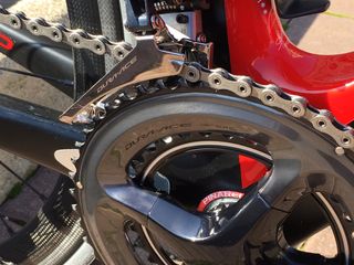 A close-up of the Shimano Dura-Ace chainrings 