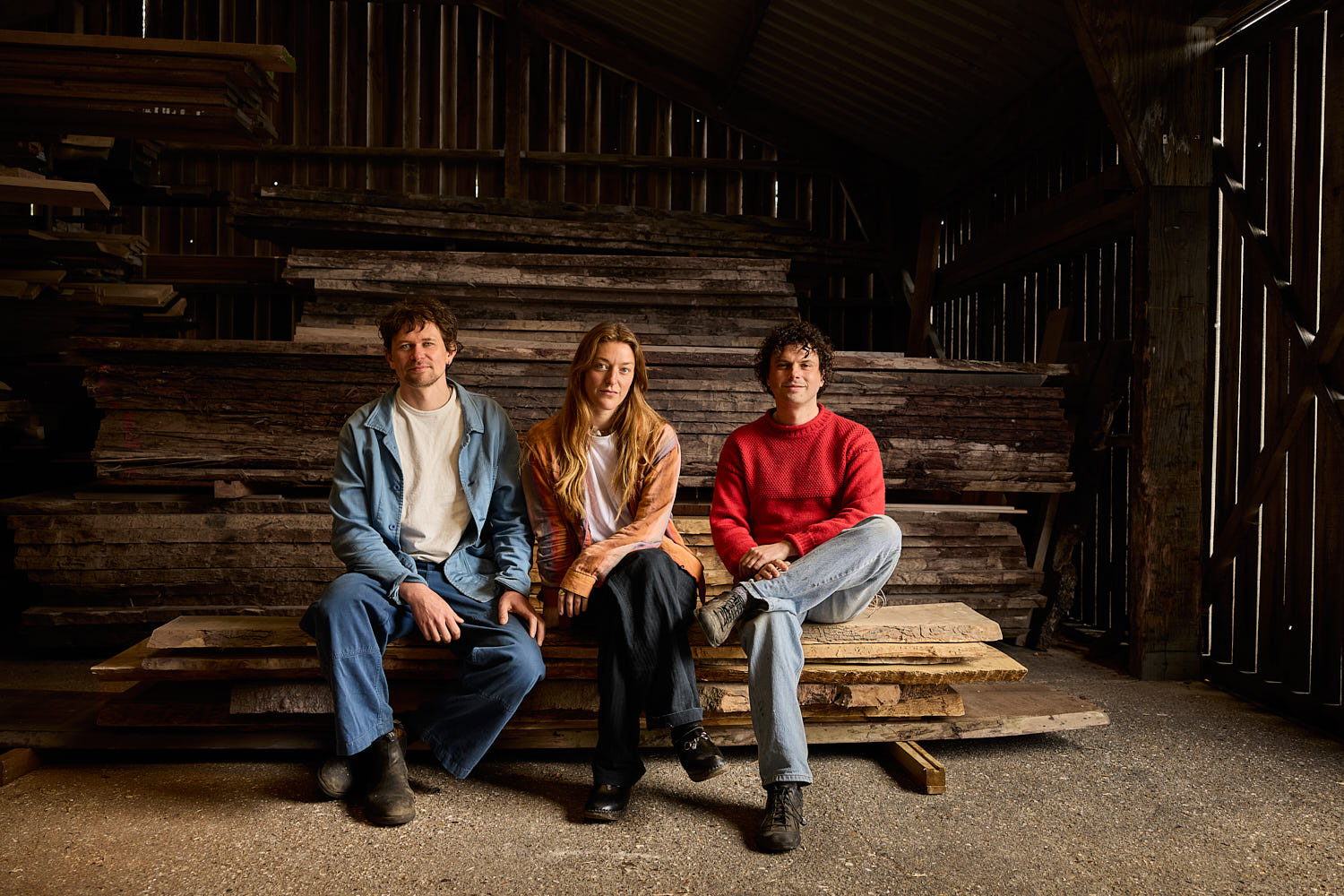 making of ahec's Wood for the Trees Exhibition by mitre &amp;amp; mondays at the benchmark headquarters, portrait of the three directors of Mitre &amp;amp; Mondays